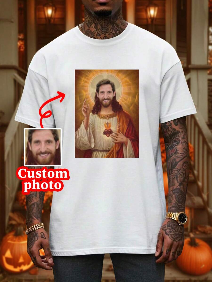 Customized Photo T-Shirt, Personalized T-Shirt For Boyfriend/Girlfriend, Gift T-Shirt For Boyfriend, Customized Photo Face T-Shirt, Halloween Gift, Funny And Interesting Boyfriend Gift, Customized Retro Photo T-Shirt, Back To School, Oktoberfest, Saudi National Day, Halloween, Gift For Boyfriend/Husband, Valentine's Day Gift, Customized Men's T-Shirt Suitable For Friend Group Customization, Suitable For Daily Wear/Wedding Party/Company Gathering/Family Gathering, Holiday Gift, Mother's Day, Father's Day, Anniversary
