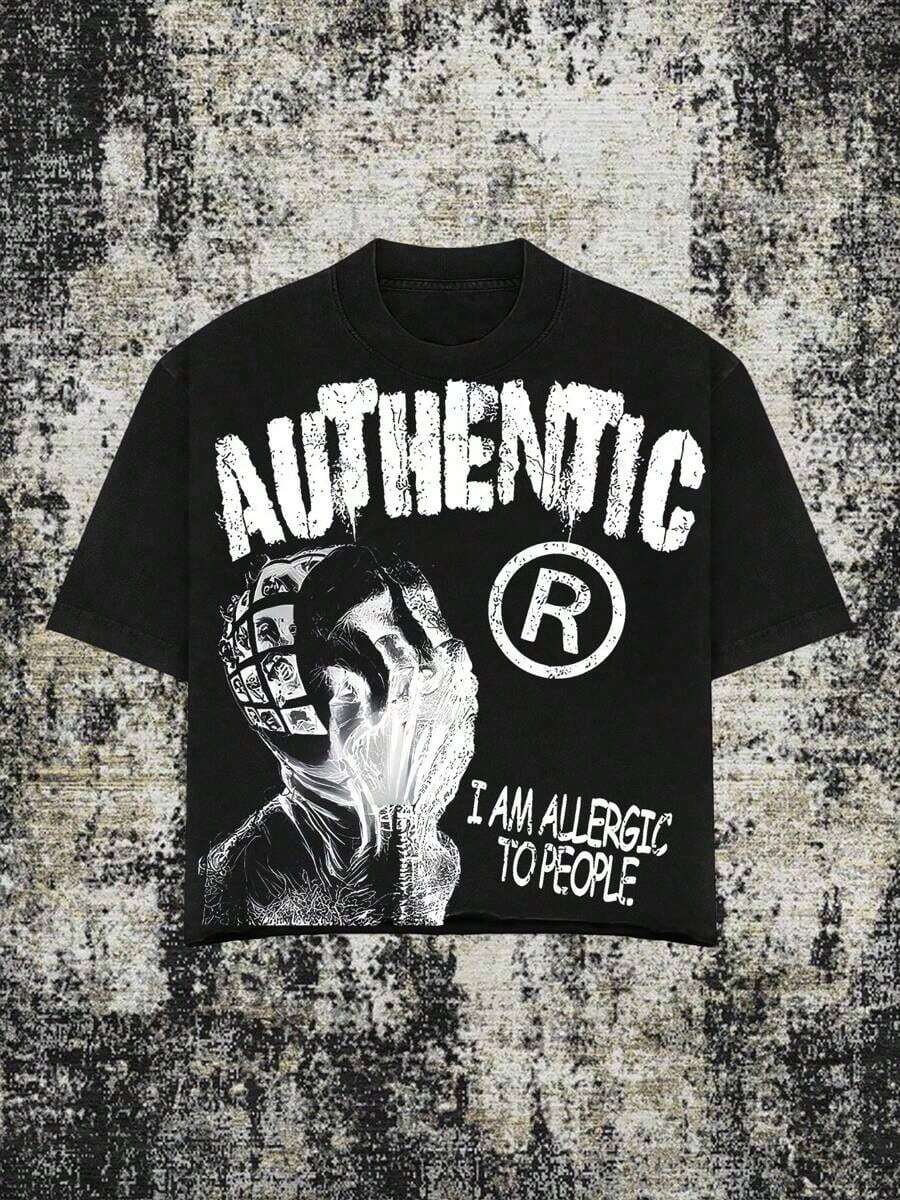 (220 Cotton T-Shirt)Men's Y2K Retro Graphic T - Shirt - "AUTHENTIC" & "I Am Allergic To People" Slogan, Loose Cotton Tee - 黑色 - 查看 1