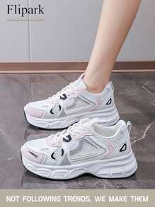 Flipark 1 Paar atmungsaktive, sportliche Sneaker mit dicker Sohle, Patchwork in Weiß, Grau und Schwarz, Mesh-Material