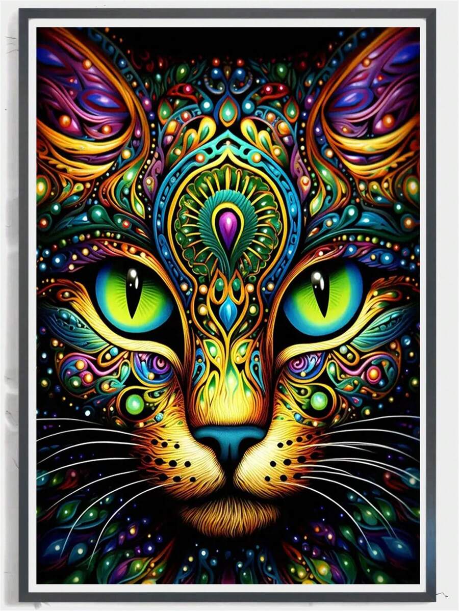 5D 钻石画套装 - 动物主题墙艺 - 猫咪马赛克 DIY 工艺品 - 圆形钻石刺绣套装，适用于家居和办公室装饰 - 无框