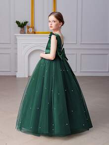 Tween Girl Green Tulle Handmade Beaded Bow Party Dress, Elegant Princess Dress Suitable For Girls Birthday Party, Banquet, Prom, Flower Girl, Wedding, Holiday Celebration - Dark Green - View 3