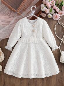 coviviky Vestido de manga larga con cuello redondo y encaje hasta la rodilla para niñas, con volantes franceses dulces, decoración de botones de perla