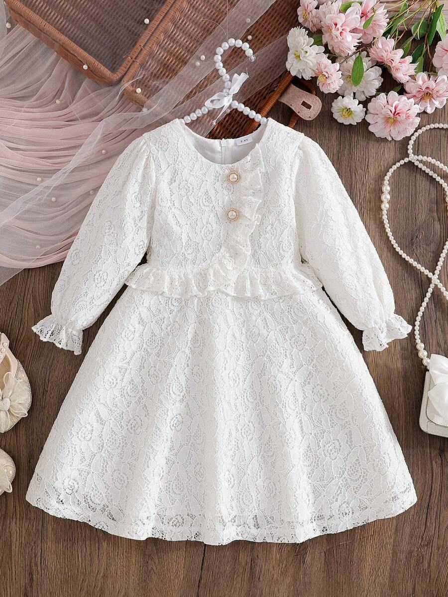 coviviky Vestido de manga larga con cuello redondo y encaje hasta la rodilla para niñas, con volantes franceses dulces, decoración de botones de perla