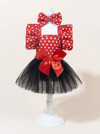 1 套带蝴蝶结的宠物薄纱连衣裙，可爱时尚印花连衣裙 + 蝴蝶结宠物服装，弹力网眼公主宠物连衣裙，适合狗和猫