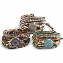 1pc Bohemian Style 5-Strand Natural Stone & Glass Handmade Braided Wrap Bracelet, Asymmetrical Agate Sunflower Connector Bracelet, Women Holiday Gift - BR1076 - View 3