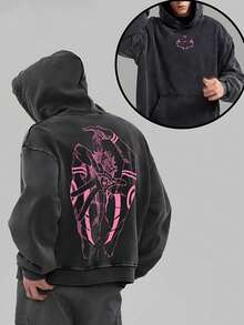 Men's Washed Hooded Sweatshirt - Sukuna Retro Anime Comic Washed Heavy Cotton Blend Pullover Sweatshirt, Double-Sided Anime Print T-Shirt, Gift For Manga And Anime Fans, Men's Clothing, Autumn Fashion - màu đen - Xem 1