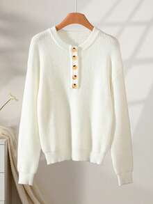 Solid Color Semi Open Neck Fashionable Button Over Sweater For Women In Autumn And Winter, Elegant And Slouchy Design