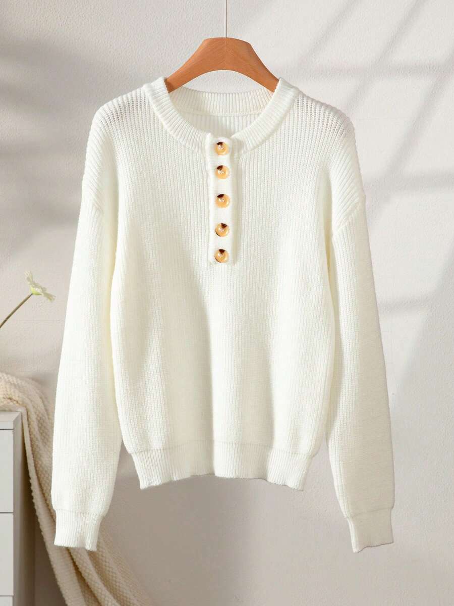 Solid Color Semi Open Neck Fashionable Button Over Sweater For Women In Autumn And Winter, Elegant And Slouchy Design