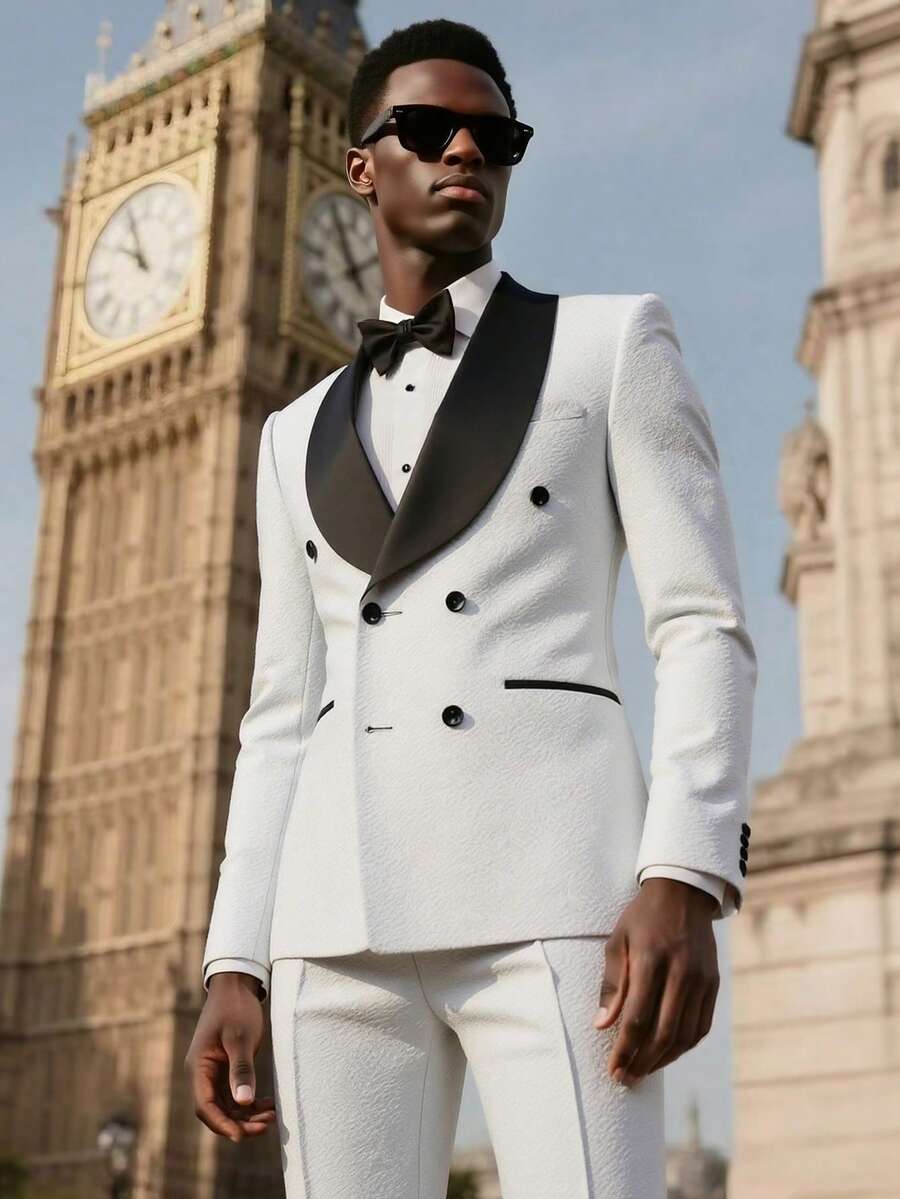 Men's Suit 2-Piece Double-Breasted Shawl Lapel Jacquard Floral Blazer Jacket & Pants Set For Wedding Prom Party - 白色 - 查看 1