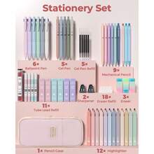 Four Candies 56 PCS Aesthetic School Supplies With Cute Pencil Case, 6 Multicolor Pen, 12 Pastel Highlighters, 5 Gel Pens Black Ink, 9 Mechanical Pencils For Student Stationary Set Preppy Stuff