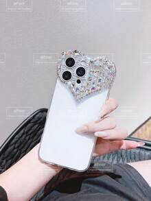 Ốp lưng điện thoại trong suốt hình trái tim đính đá Y2k trang trí ngày lễ tình nhân có đính đá nhiều màu, chống sốc, chống nước, chống rơi, chống trầy xước - Bạc - Xem 2