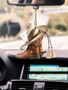 1 pieza Colgante decorativo de acrílico 2D - Accesorios de sombrero blanco, bota y coche para espejo retrovisor interior, adorno colgante de bota y sombrero de vaquero 2D, accesorios colgantes para espejo retrovisor de coche, llavero y bolsas, regalo festivo, decoración colgante para interior de coche (estilo de cadena aleatorio sobre el llavero) - Dorado - Ver 6