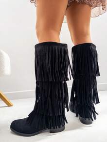 STYLEE FOOTWEAR SHOES FOR WOMEN Knee-High Boots With Layered Fringes, Modern And Bohemian Design Ideal For Autumn And Winter, Versatile Women's Footwear That Combines With Dresses, Skirts And Tight Pants, Perfect For Daily Use, Casual Events And Looks With Personality, Offering A Perfect Fit And Long-Lasting Comfort, A Current Style That Brings Movement And Distinction To Any Outfit. Estimated Delivery: 1-3 Business Days (Peninsula) - 黑色 - 查看 5