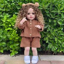 22 Inch Fully Vinyl Simulation Doll Cute Realistic Curly Hair Reborn Dolls Dress Up Game Washable Toys Accompanying Gifts - Coffee Brown - View 5