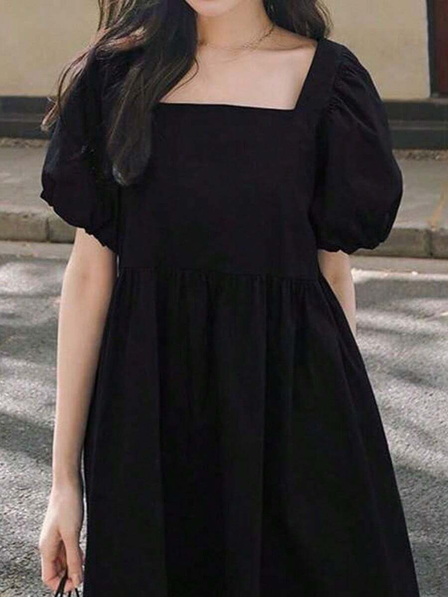 Cuello cuadrado francés Tie Vestido sin espalda de las mujeres Sense Slim A-Line falda media larga Vestidos cortos de mujer - Negro - Ver 1