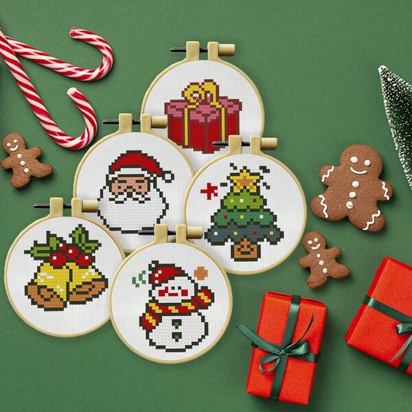 1 Set Christmas Cross Stitch Postcard DIY Kit, 5 Cards Included With Fabric/Thread/Needle, Multiple Pattern Options, 11CT Middle Grid, Pendant, Gift, Wall Decor