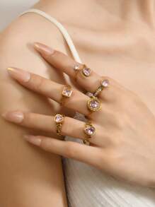 4/6/7 Pieces Fashionable French Delicate Stainless Steel Ring Set For Women With Pink Gemstone Jewellery Suitable For Women's Daily Matching Use Holiday Dating Gift Wedding Engagement Ring Jewellery