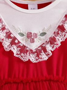 coviviky Vestido de niña con contraste de colores dulces, cuello bordado con flores y volantes, manga larga de malla con parches