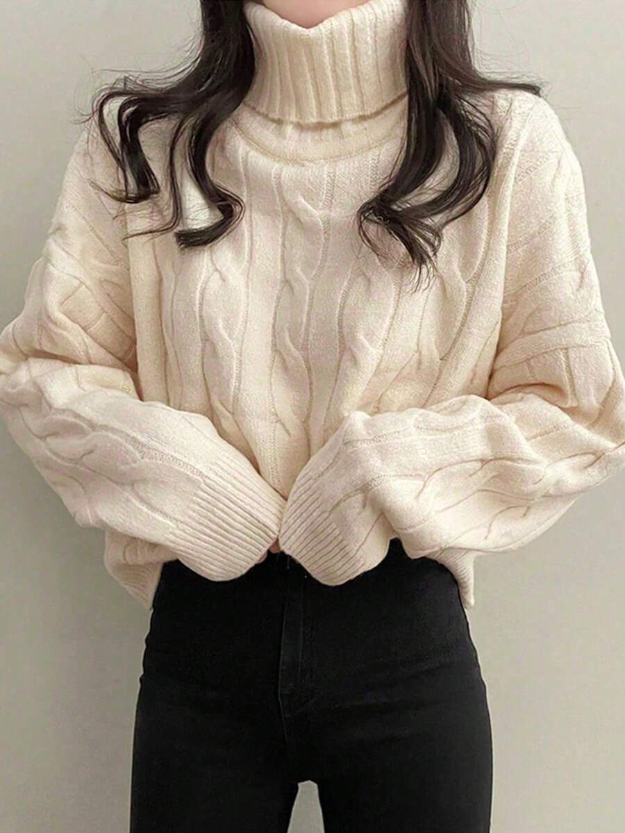 Turtleneck Sweater For Women, Loose Fit Short Style, Long Sleeve Cable Knit, Autumn/Winter - Apricot - View 1