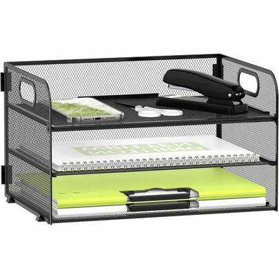 Daltack 3-Tier Paper Organizer With Handle, Mesh Desk Organizer Letter Tray, Paper Tray Organizer File Organizer A4 File Folder, Black