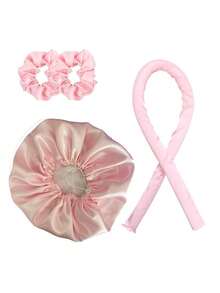 4-Piece Heatless Curling Iron Kit With 2 Satin Scrunchies + Double-Sided Satin Bonnet – Ideal For Sleeping/Long Hair And Natural Waves - màu đen - Xem 3