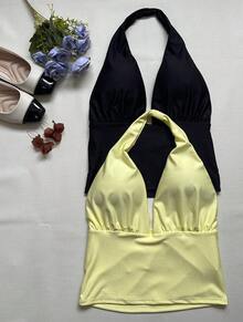 KIT OF TWO (2) CROPPED TOPS WITH PADS IN SUPLEX FABRIC SPRING SUMMER - 黑色和黃色 - 查看 3