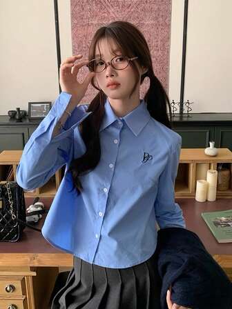 Women's Casual Collegiate Style Letter Embroidery Long Sleeve Open Front Shirt Blouse, Autumn/Winter