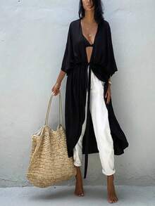 Kimonos For Women Swimsuit Beach Cover Up Swimwear Cardigan Summer - màu đen - Xem 4