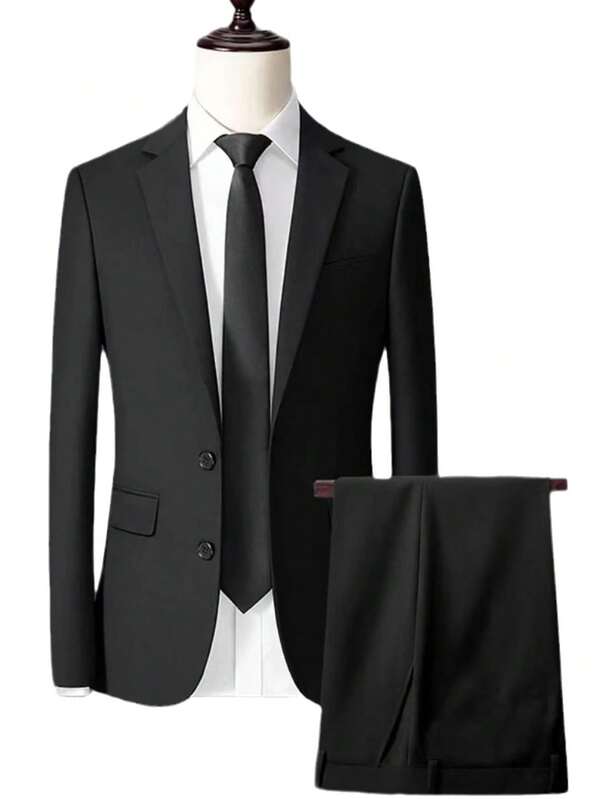 Men's Black Suit, Slim Fit Business Formal 2 Pieces Set, Stylish & Minimalist Design Suit