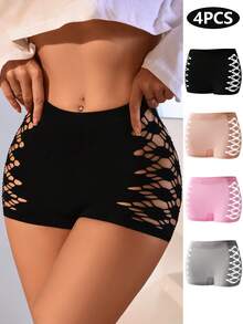 4pcs/Pack Solid Color Seamless Women's Underwear, Comfortable Breathable Geometric Hollow Mesh Sides Mid-Waist Fashionable Briefs