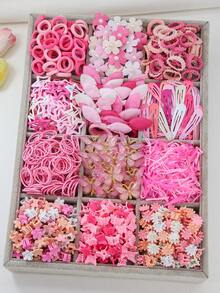 870件/套 女孩及青少年粉色简约基础公主风发圈、星星/蝴蝶结发夹、珍珠花朵发卡、BB夹组合发饰套装，适合日常佩戴和送礼 - 彩色 - 查看 2