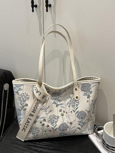 Fashionable Retro Floral Embroidered Large Capacity Letter Scarf Decor Portable Tote Bag, Polyester Material Single Compartment Tote, Suitable For Women Shopping, Commuting, Travel And Daily Use