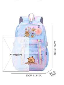 Cute Capybara Soft Nylon Backpack - Lightweight, Large Capacity, Plush Ball Decor, Suitable For School And Commute, Available In Blue/Rose Red/Pink/Purple, Travel Backpack, Back To School Gift, School Supplies, Essentials, Sprayground Backpack, Office Supplies, Valentine's Day Gift - Multicolor - View 12