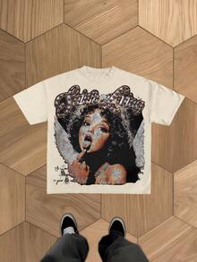 Saint Livin' Angelic Woman Tee, (Cotton T-Shirt) Men's Round Neck Short-Sleeved Cotton Casual T-Shirt, Loose Style, Versatile, Unisex, Suitable For Holiday Travel! Graphic Tees Shirts Men Clothes  Jersey - 杏色 - 查看 1