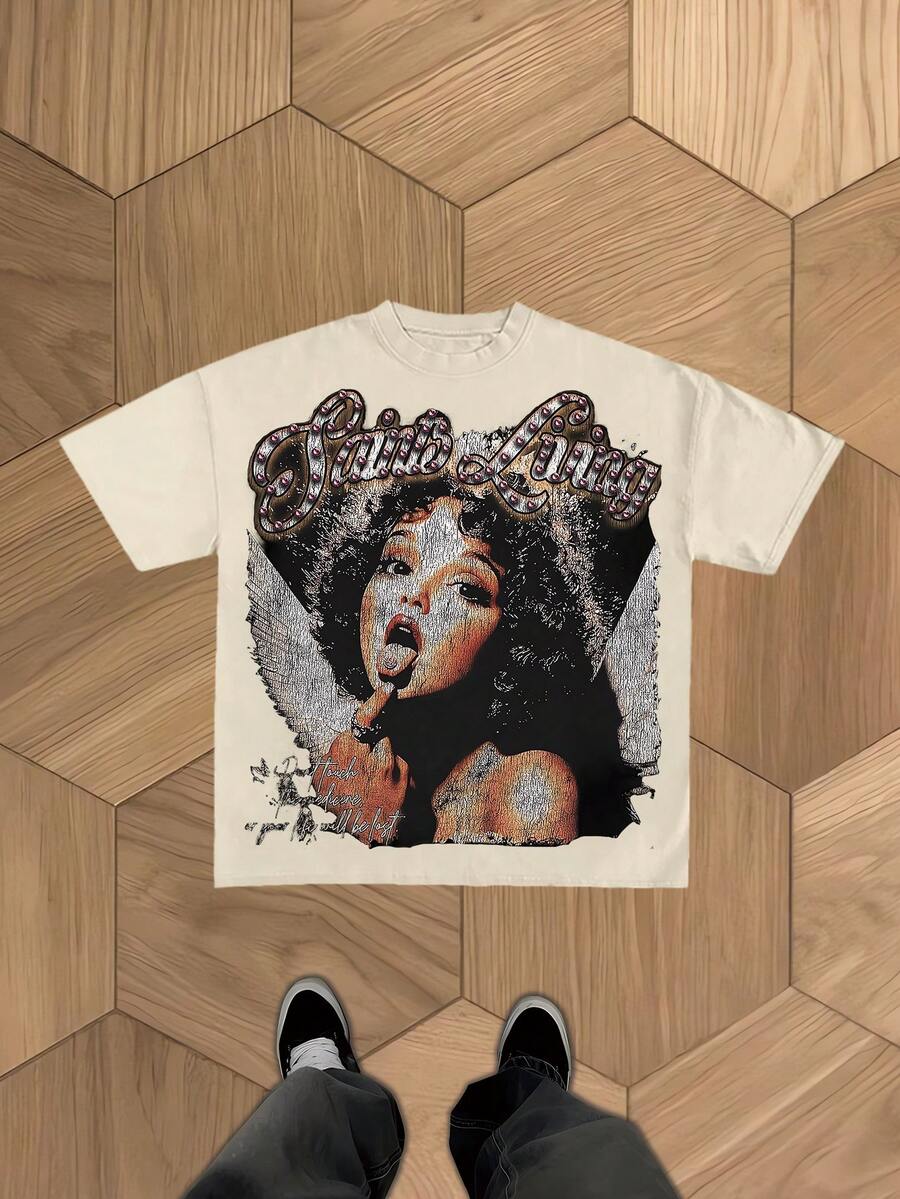 Saint Livin' Angelic Woman Tee, (Cotton T-Shirt) Men's Round Neck Short-Sleeved Cotton Casual T-Shirt, Loose Style, Versatile, Unisex, Suitable For Holiday Travel! Graphic Tees Shirts Men Clothes  Jersey - 杏色 - 查看 1