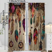 2pcs Vintage Boho Style Feather Window Curtains - Dreamcatcher & Turquoise Design, Rod Pocket, Suitable For Bedroom, Living Room, Kitchen, Office - Washable Polyester Fabric, Semi-Sheer, Perfect Home Decor, Living Room Curtains - Multicolor - View 9