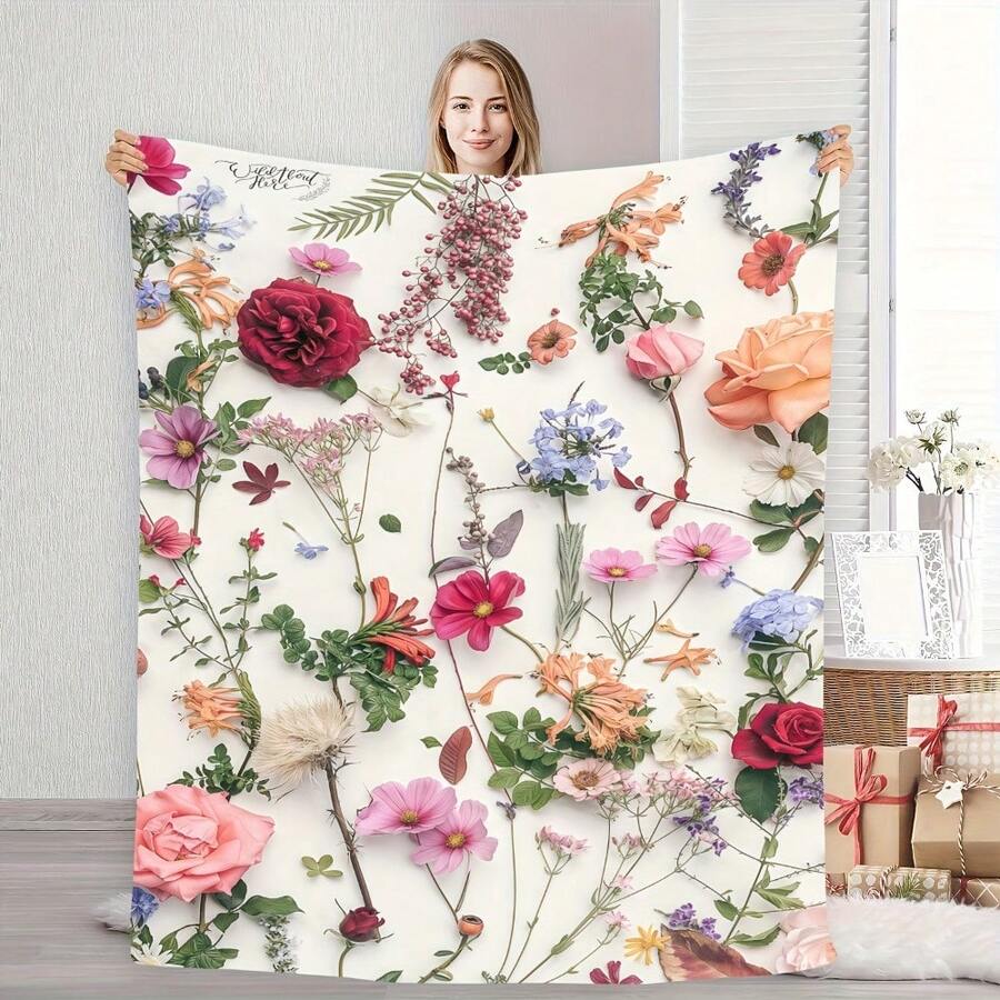 A Comfortable Bohemian Vintage Wildflower Blanket,Super Soft Flannel Printed  Blanket,As Birthday Gifts, Family, Wedding, Souvenir Blankets, Polyester Blankets Suitable For All Seasons, Washable, Machine Washable, Lightweight, Breathable, Comfortable, Warm, Unique, 280gsm For Him, Her Personalized Ideal Gifts For Her, Him, Family, Boyfriend, Girlfriend, Father, Family, Mother, Lover, Daughter, Son, Grandfather, Grandmother, Teacher,Doctor, Nurse,Friend, Classmate, Pet.Perfect Nap, Camping, Travel, Home, Daily Life, Office Decoration, Birthday, Anniversary, Valentine's Day, Thanksgiving, Graduation Season,Christmas, Halloween, Mother's Day, Father's Day, Wedding, New Year Gifts ,Sofa,Bed,Car,Bedroom,Living Room,Office,  Outdoor Camping, Beach,Wall Decoration - 多色4 - 查看 1