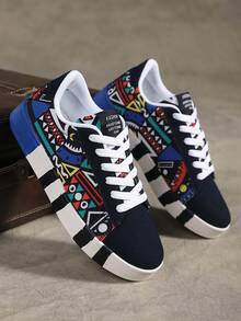 Zapatos casuales de skateboard para mujer, con estampado geométrico en contraste negro y azul, cómodos, versátiles, de punta redonda, con cordones, para deportes al aire libre y senderismo, unisex - Azul negro - Ver 5