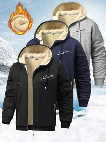 1 pièce Veste à capuche décontractée pour homme en polyester, à manches longues, avec peu d'élasticité, ourlet ouvert, fermeture à glissière, style régulier, manteau d'automne et d'hiver, version épaisse - Noir - Voir 1
