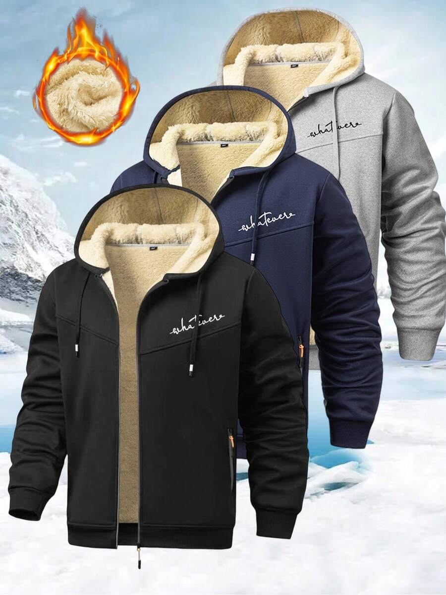 1 pièce Veste à capuche décontractée pour homme en polyester, à manches longues, avec peu d'élasticité, ourlet ouvert, fermeture à glissière, style régulier, manteau d'automne et d'hiver, version épaisse - Noir - Voir 1