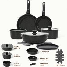 15pcs Nonstick Granite Coated Cookware Set, Induction Compatible Aluminum Kitchen Pots And Pans, All-In-One Cooking Kit With Frying Pans, Saucepans, Stew Pot, Soup Pot & Kitchen Tools - 黑色 - 查看 2