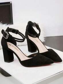 Tacones de mujer elegantes y retro vacuno con punta afilada: Sandalias de tacón grueso versátiles con cinta simple y hebilla cuadrada en tobillo, ideales para fiestas casuales con suela gruesa. Combina perfectamente con vestidos de fiesta y vestidos, aptos para trabajo, citas, bodas, Navidad, fiestas y graduaciones - Negro - Ver 5