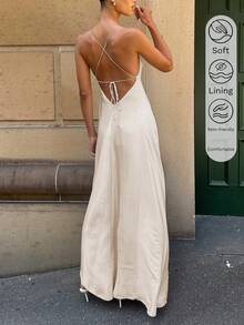 女士缎面 V 领优雅夏季长裙、丝质睡裙、节日派对生日正式场合连衣裙 - 杏色 - 查看 6