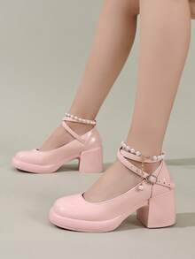优雅玛丽珍闪亮粉色高跟交叉扣软底舒适时尚校园乐福皮鞋带珍珠装饰 - 粉色 - 查看 6