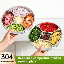 304 Stainless Steel Thick-Walled Compartmentalized Serving Plate For Kitchen, Ginger, Garlic, And Scallion, Household Partitioned Serving And Seasoning Tray