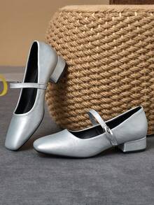 MonaNise 女士3厘米布面包跟黑色时尚百搭藏蓝色、咖啡色、酒红色低跟粗跟优雅玛丽珍平底鞋 - 銀色 - 查看 2