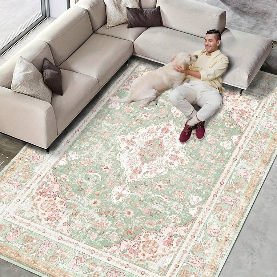1pc Retro Bohemian Green & Pink Floral Area Rugs For Living Room, Floor Carpet For Bedroom, Carpets Home Decor Rugs, Homestay Hotel, Non-Slip Machine Washable Carpet, Home Decor Room Decor - Style 1 - View 1