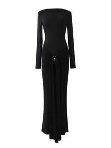 Ladies' Elegant Temperament, Decorative Ring Buckle, Solid Color, Long Sleeved, Bodycon, Tight Strap, Long Skirt