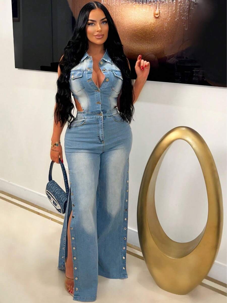 HERTALK Denim Jumpsuit For Women Sexy Sleeveless Hollow High Waisted Stretchy Side Snap Slit Wide Leg Jeans Long Rompers - 藍色 - 查看 1