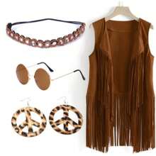 Retro 60s Hippie Party Outfit, Solid Color Fringe Vest, Glasses, Necklace, Earrings, Fun Cosplay Medieval Renaissance Masquerade Ball Christmas Halloween Party Magic Costume Prop, New Vintage Casual
